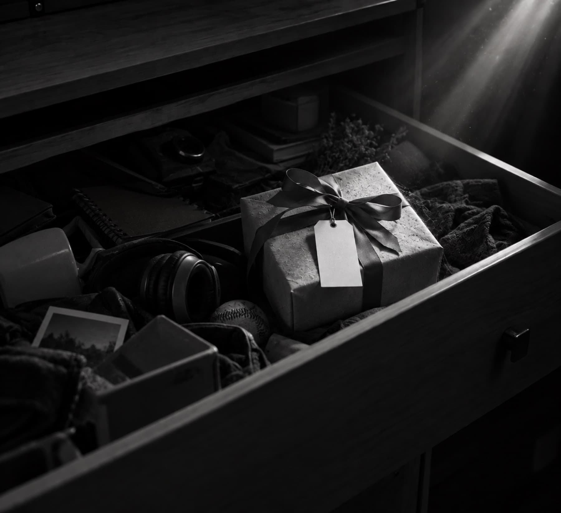 A wrapped gift with a blank tag, at the bottom of a drawer of forgotten things
